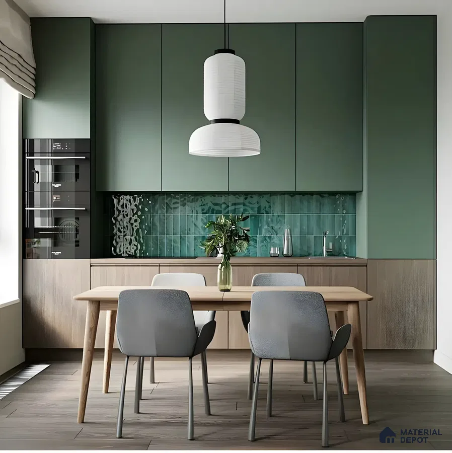 Olive Green and Terracotta Kitchen with Textured Backsplash | Material Depot