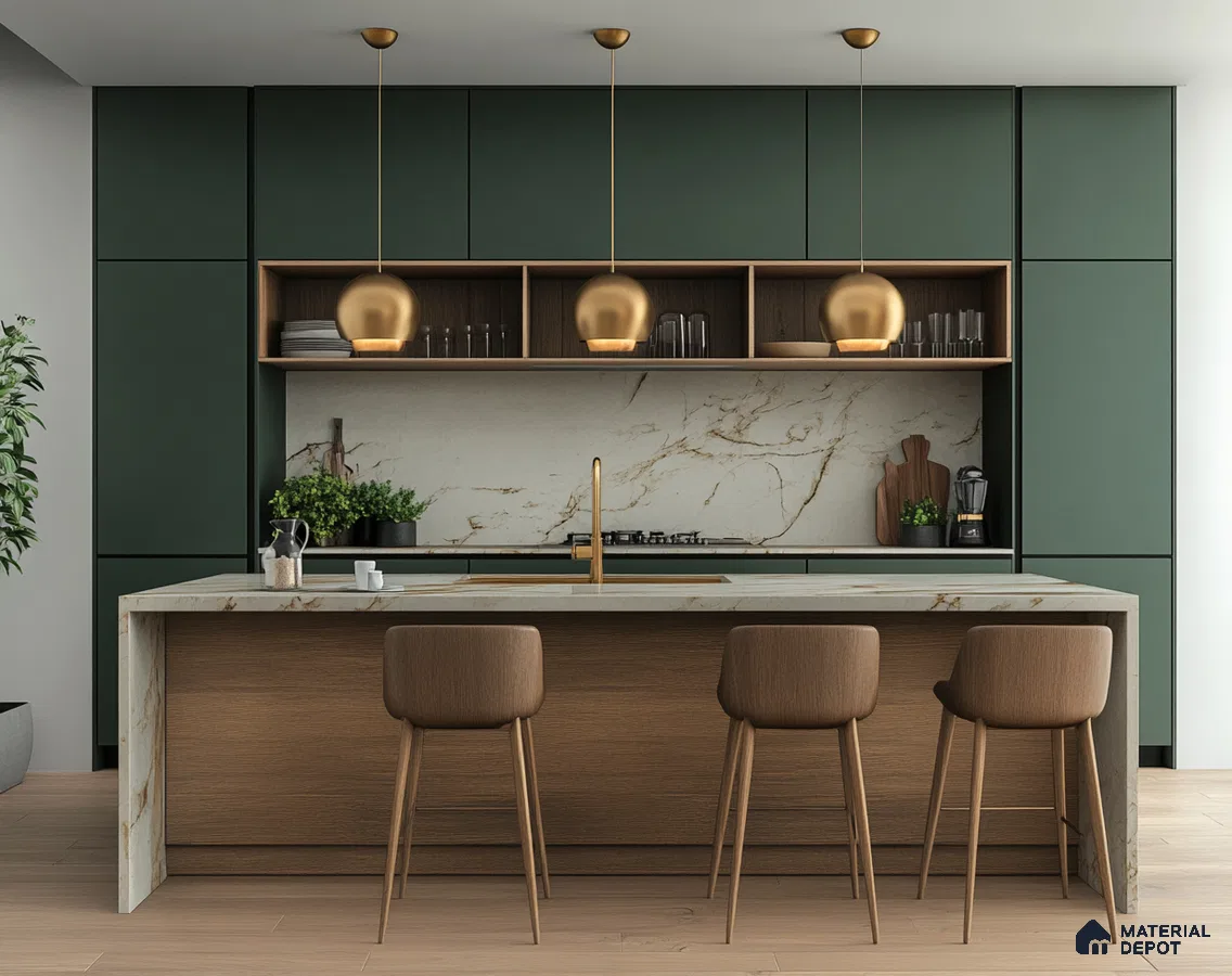 Contemporary Green and Wood Kitchen Blend: Stylish and Inviting | Material Depot