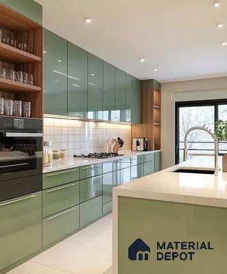 Contemporary Green Kitchen with Natural Wood Elements | Material Depot