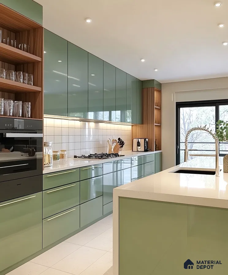 Contemporary Green Kitchen with Natural Wood Elements | Material Depot