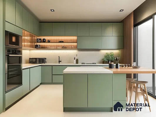 Contemporary Green Kitchen with Warm Wooden Features | Material Depot