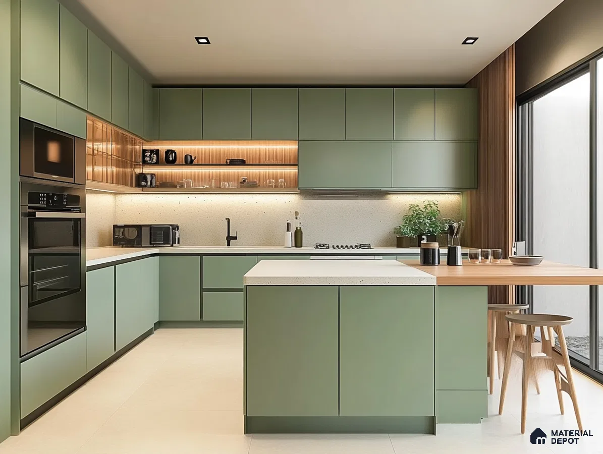 Contemporary Green Kitchen with Warm Wooden Features | Material Depot