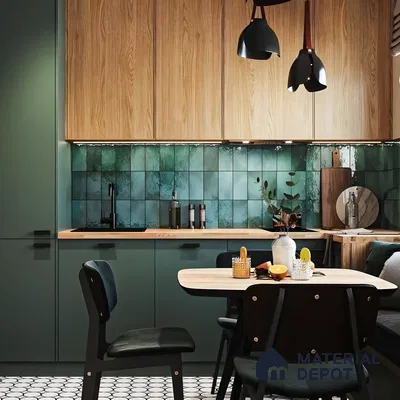 Contemporary Green Kitchen with Wood Accents | Material Depot