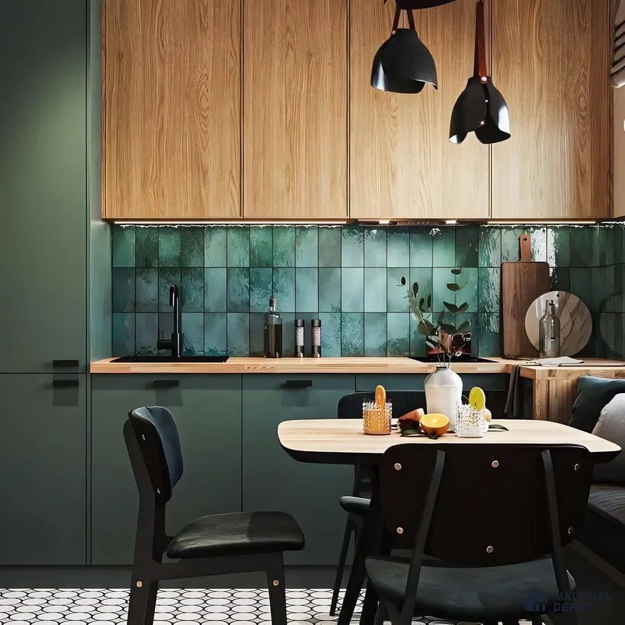 Contemporary Green Kitchen with Wood Accents | Material Depot