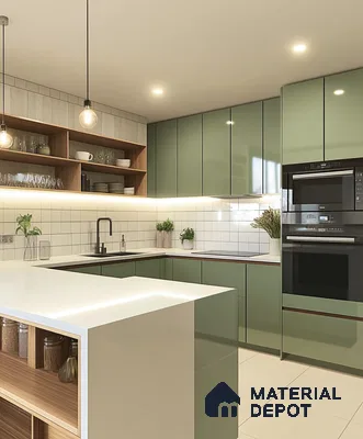 Contemporary Green Kitchen with Wooden Accents | Material Depot