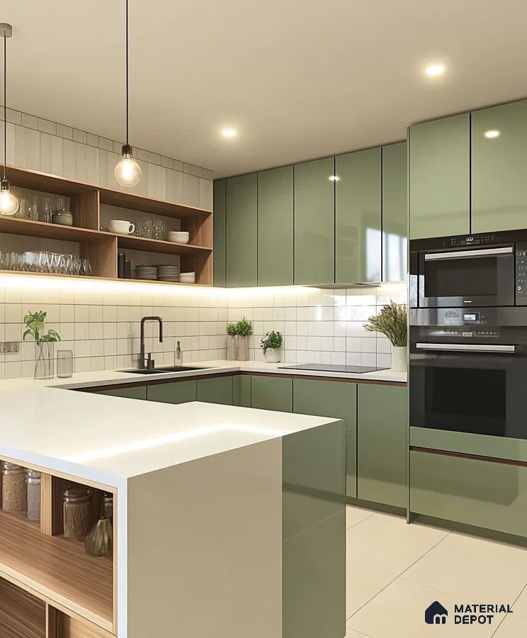 Contemporary Green Kitchen with Wooden Accents | Material Depot