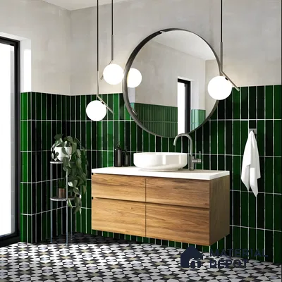 Modern Bathroom with Glossy Green Tiles and Geometric Flooring | Material Depot