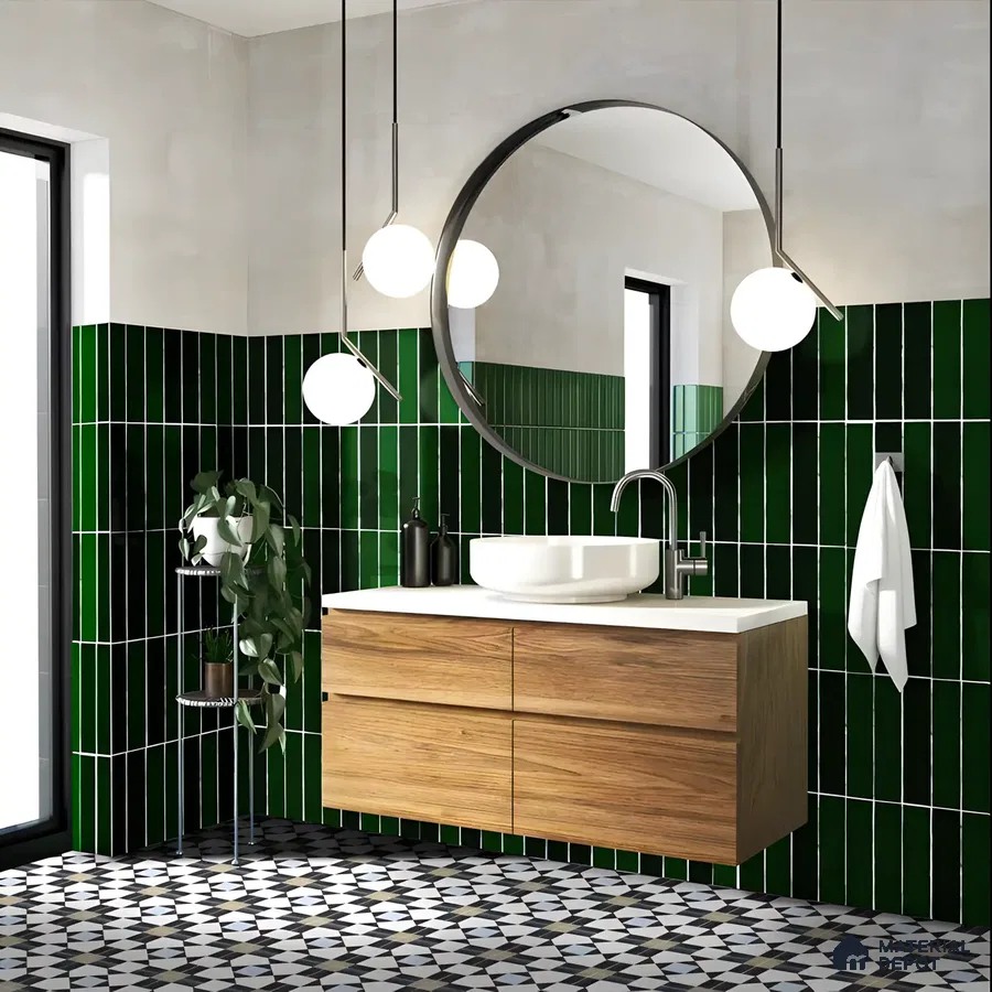 Modern Bathroom with Glossy Green Tiles and Geometric Flooring | Material Depot