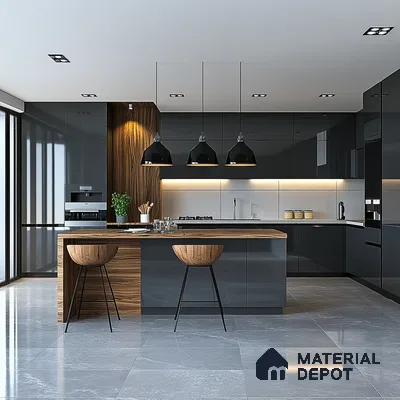 Contemporary Harmony: Kitchen Design Featuring a Blend of Natural Wood and Modern Gray Tones | Material Depot