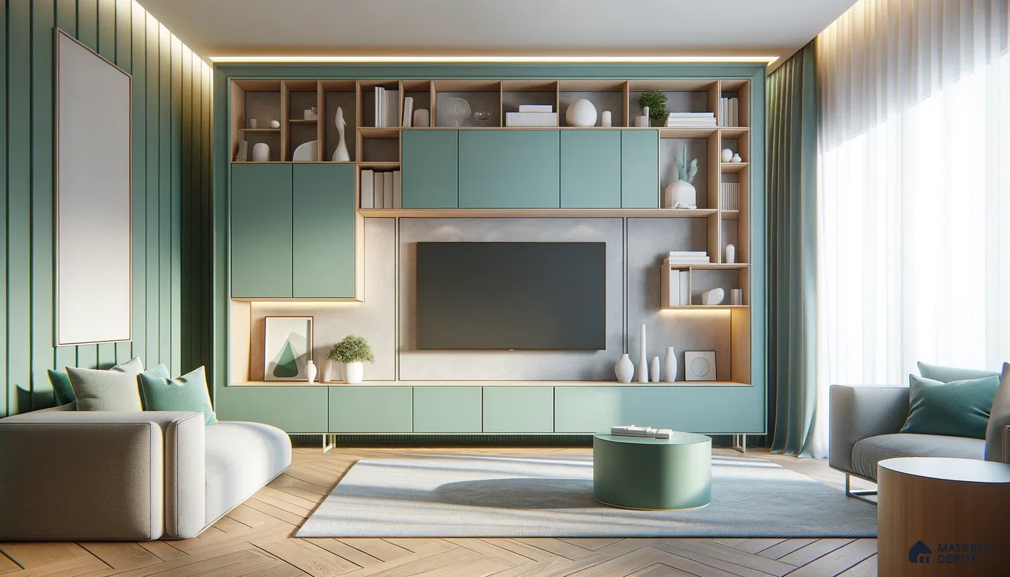 Contemporary Harmony: Serene Living Space with Teal and Wood Accents | Material Depot