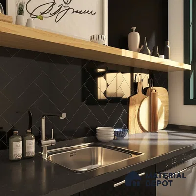 Contemporary Harmony Sleek Black Kitchen Elegance with Wooden Accents | Material Depot