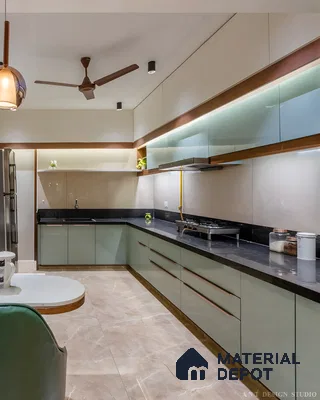 Contemporary Indian Kitchen With Frosted Glass Cabinets And Black Granite Countertops | Material Depot