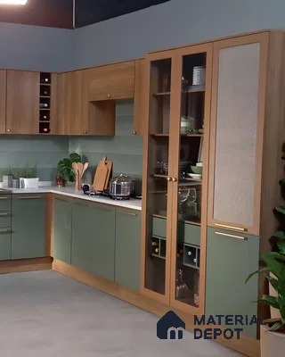 Contemporary Indian Kitchen With Sage Green And Oak Wood Cabinets, Glass Display Pantry, And Rattan Mesh Detailing | Material Depot