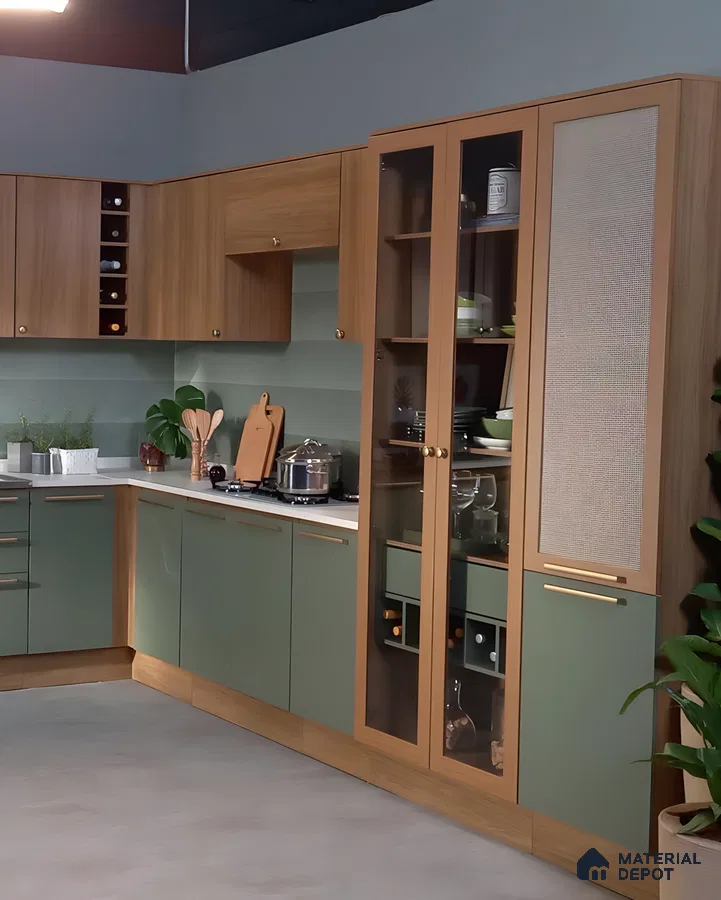 Contemporary Indian Kitchen With Sage Green And Oak Wood Cabinets, Glass Display Pantry, And Rattan Mesh Detailing | Material Depot