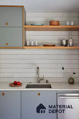 Minimalist Kitchen with Vertical Stack Tiles and Soft Blue Cabinetry | Material Depot