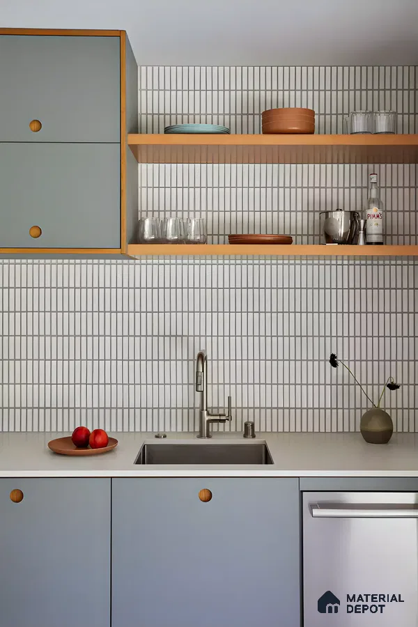 Minimalist Kitchen with Vertical Stack Tiles and Soft Blue Cabinetry | Material Depot