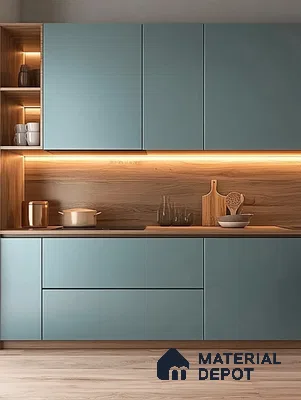 Contemporary Kitchen Design: Aqua Blue Cabinets with Warm Wood Lighting | Material Depot