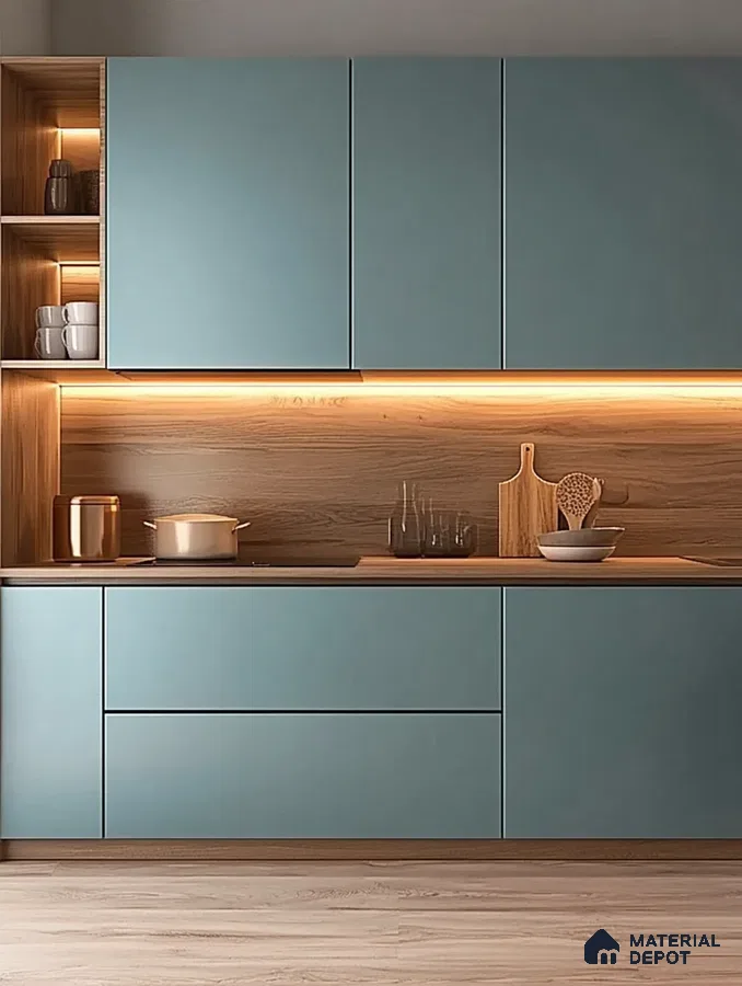 Contemporary Kitchen Design: Aqua Blue Cabinets with Warm Wood Lighting | Material Depot