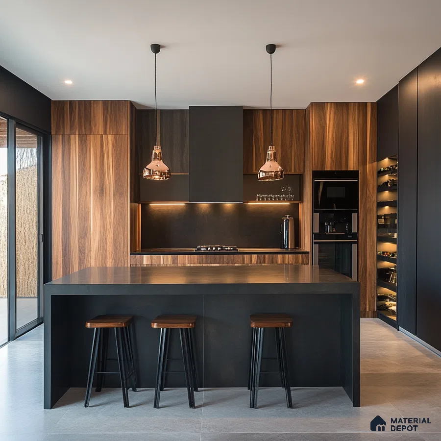 Contemporary Kitchen Elegance with Copper Pendant Lighting and Luxurious Dark Wood Cabinets | Material Depot