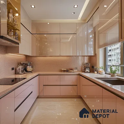 Contemporary Kitchen in Blush Tones with Sparkling Backsplash and High-Gloss Cabinets | Material Depot