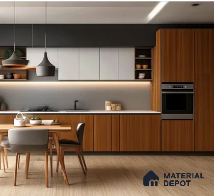 Contemporary Kitchen with Warm Wooden Laminates and Sleek Modern Design | Material Depot