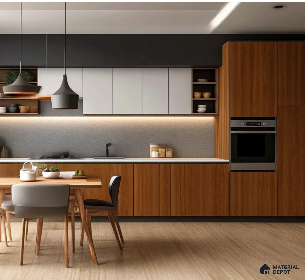 Contemporary Kitchen with Warm Wooden Laminates and Sleek Modern Design | Material Depot