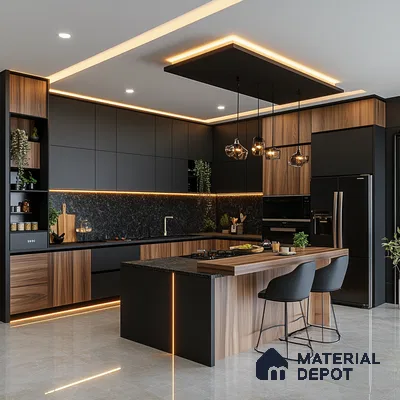 Contemporary Kitchen with Black and Wood Elements Featuring Marble Backsplash | Material Depot