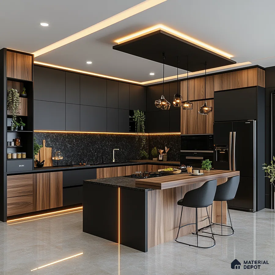 Contemporary Kitchen with Black and Wood Elements Featuring Marble Backsplash | Material Depot