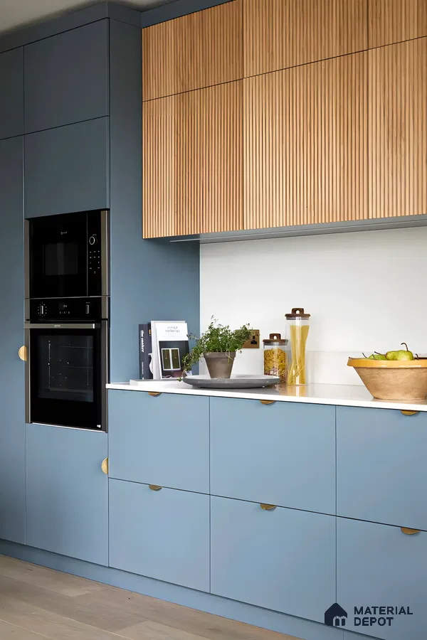 Contemporary Kitchen with Blue Cabinets and Fluted Wood Accents | Material Depot