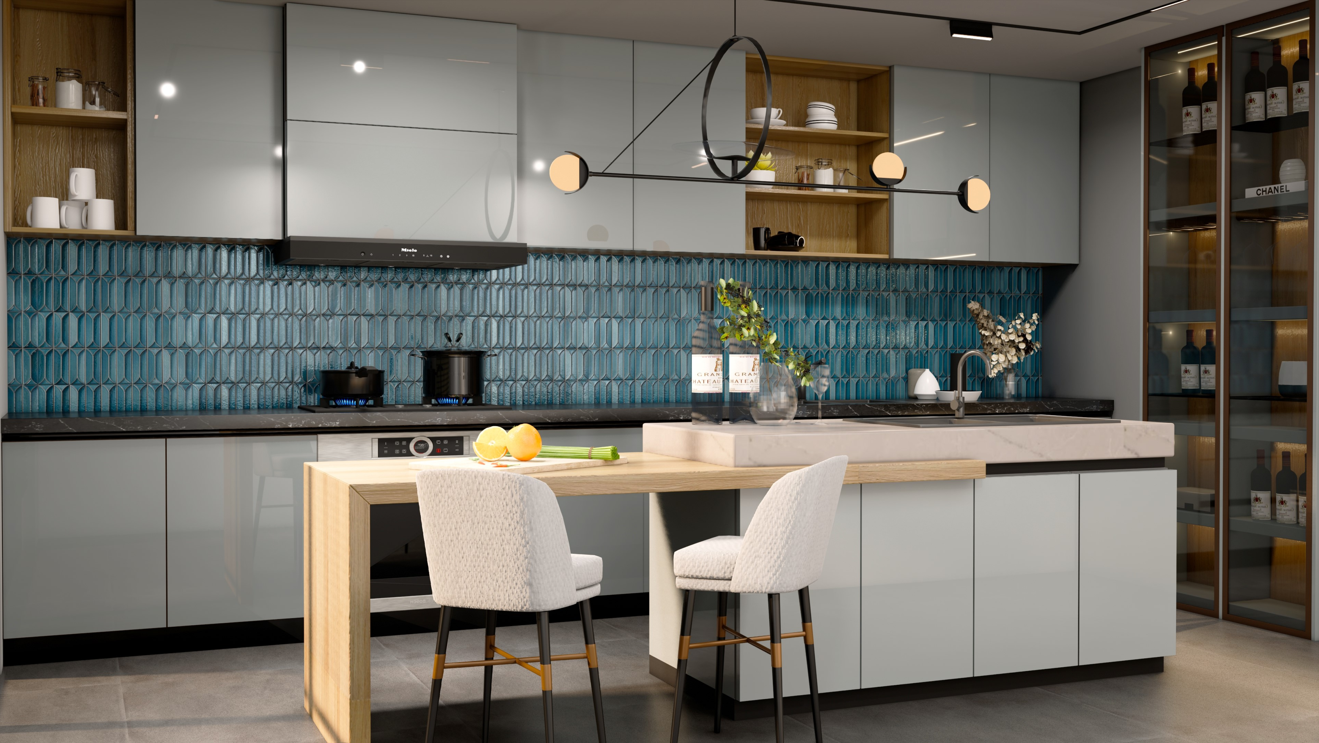 Chic Kitchen with Pink Tiles and Mauve Matte Cabinets | Material Depot