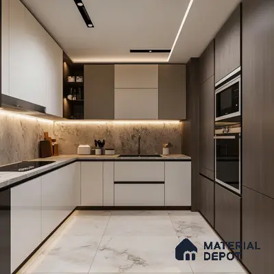 Contemporary Kitchen with Dual-Tone Cabinets and Marble Highlights | Material Depot
