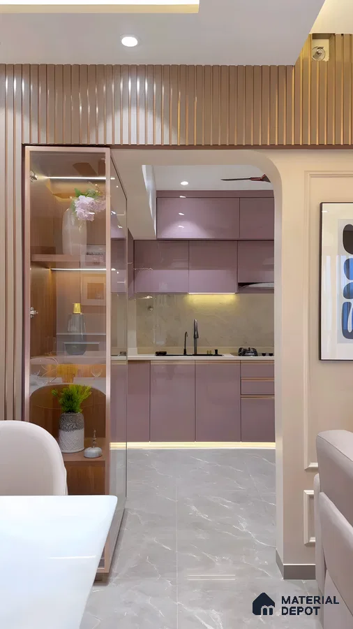 Contemporary Kitchen With Glossy Cabinets And Stylish Entryway | Material Depot