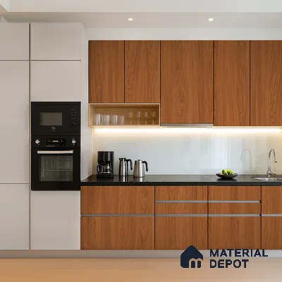 Warm Walnut Laminate Kitchen with Marble Island and Backsplash | Material Depot