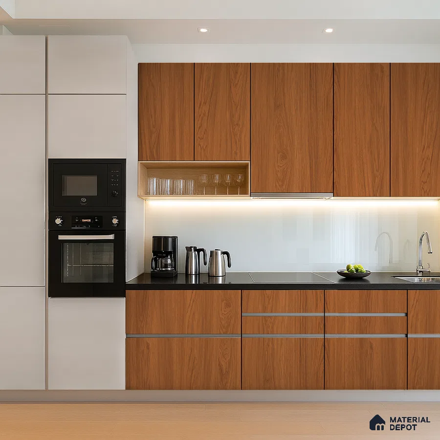 Warm Walnut Laminate Kitchen with Marble Island and Backsplash | Material Depot