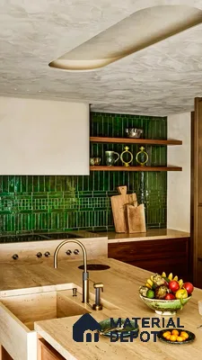 Contemporary Kitchen with Green Glazed Tiles and Natural Stone Countertops | Material Depot