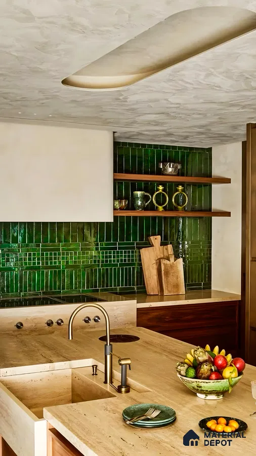 Contemporary Kitchen with Green Glazed Tiles and Natural Stone Countertops | Material Depot