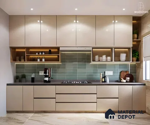 Contemporary Kitchen With Green Tiled Backsplash | Material Depot