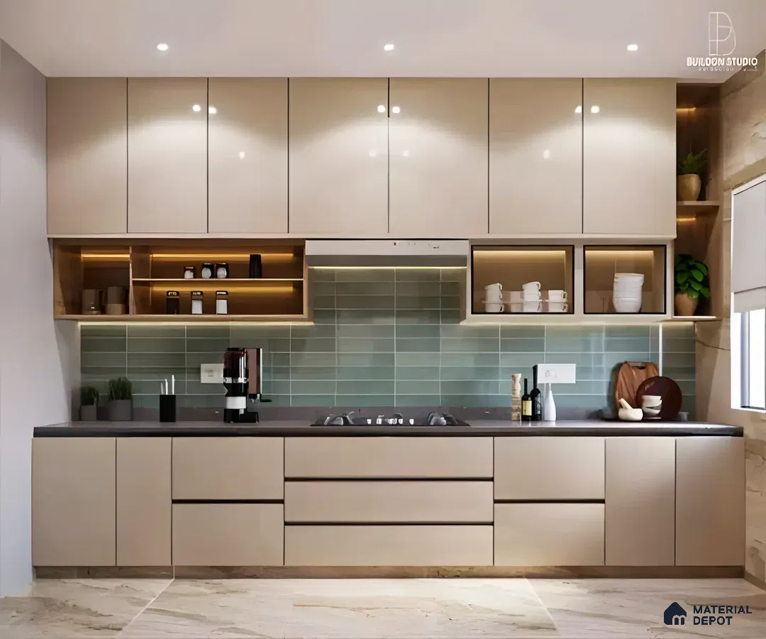 Contemporary Kitchen With Green Tiled Backsplash | Material Depot