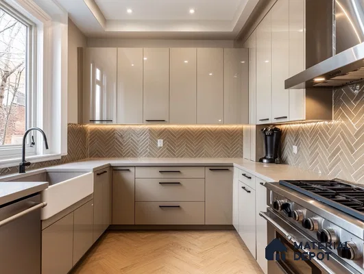 Contemporary Kitchen with Herringbone Backsplash and Natural Light | Material Depot
