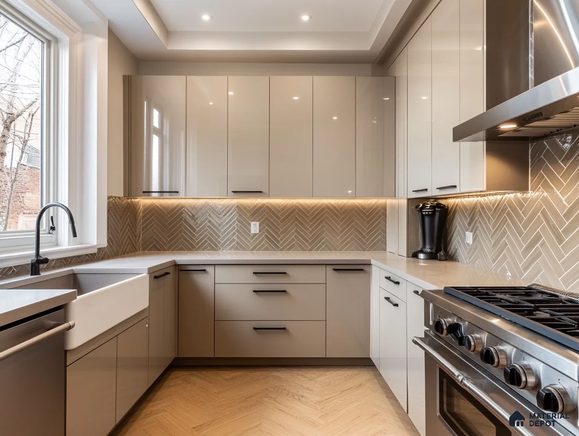 Contemporary Kitchen with Herringbone Backsplash and Natural Light | Material Depot