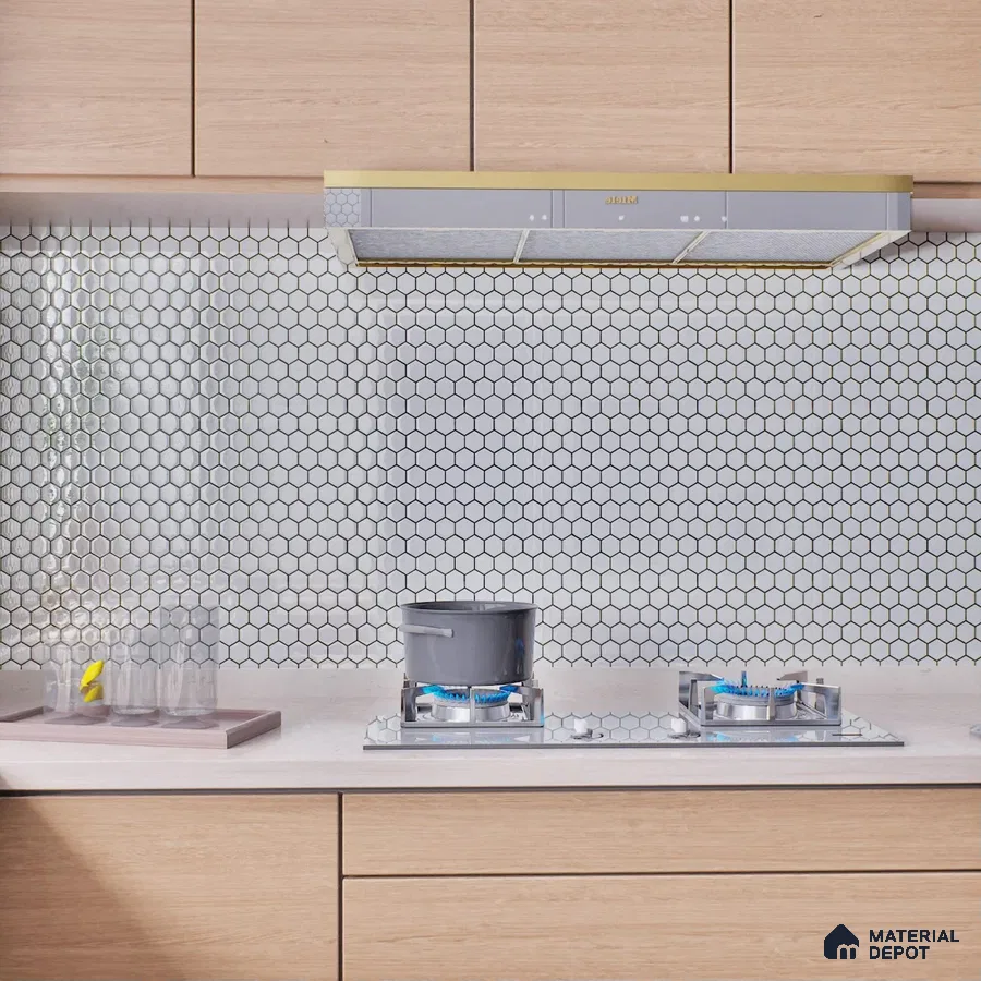 Contemporary Kitchen with Hexagonal Tile Backsplash and Modern Appliances | Material Depot