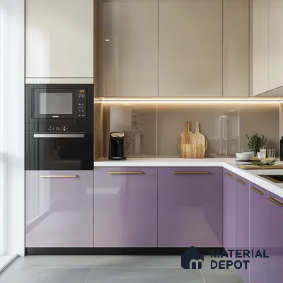 Contemporary Kitchen with Lavender Cabinets and Sleek Integrated Appliances | Material Depot