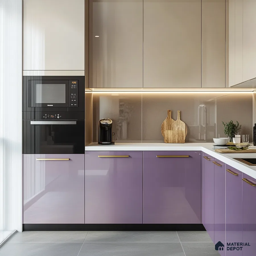 Contemporary Kitchen with Lavender Cabinets and Sleek Integrated Appliances | Material Depot
