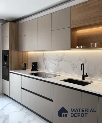 Contemporary Kitchen with Matte Cabinets and Marble Backsplash | Material Depot