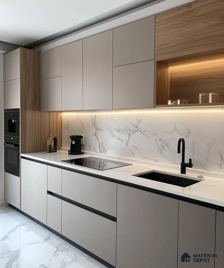 Contemporary Kitchen with Matte Cabinets and Marble Backsplash | Material Depot