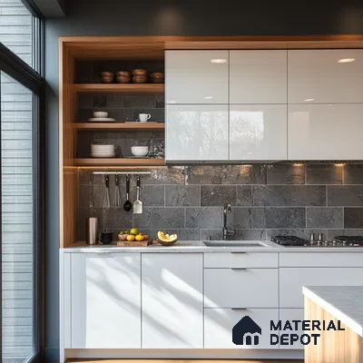 Contemporary Kitchen with Natural Stone Accents and Warm Wood Tones | Material Depot