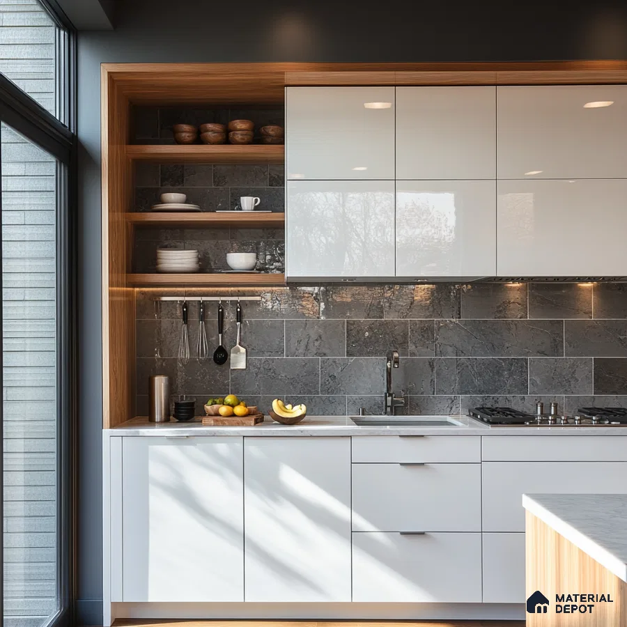 Contemporary Kitchen with Natural Stone Accents and Warm Wood Tones | Material Depot