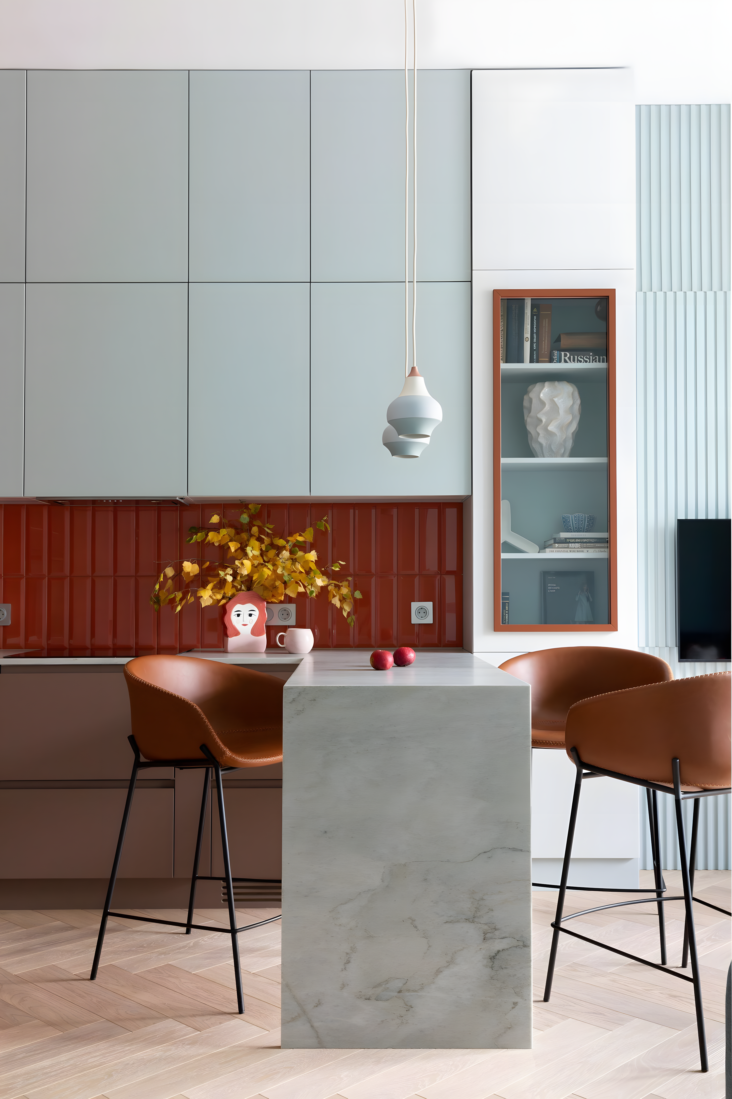 Contemporary Kitchen With Pastel Cabinets And Terracotta Tile Backsplash | Material Depot