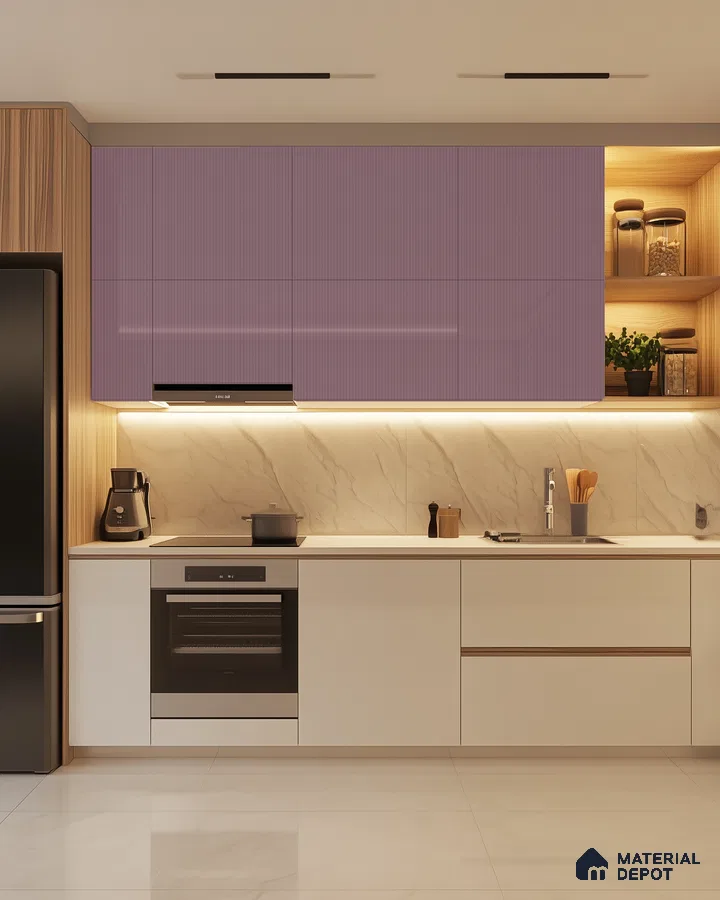 Contemporary Kitchen with Pink Fluted Acrylic Cabinets and Glossy Upper Units | Material Depot