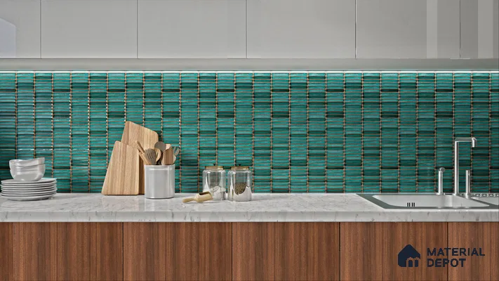 Contemporary Kitchen with Textured Teal Mosaic Backsplash | Material Depot